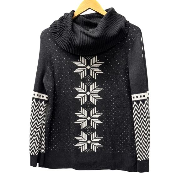 Talbots Sweater Womens Large Black White Lambswool Blend Cowl Neck Fair Isle - Picture 1 of 6